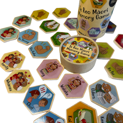 Cardboard tube and hexagon tiles featuring a Te Reo Maori Memory Game.