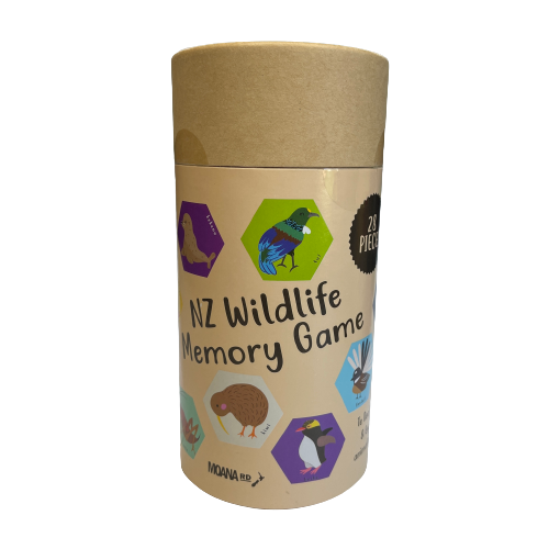 Cardboard tube holding an NZ Wildlife Memory Game.