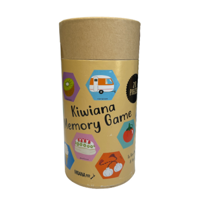 Cardboard tube holding a Kiwiana memory game.