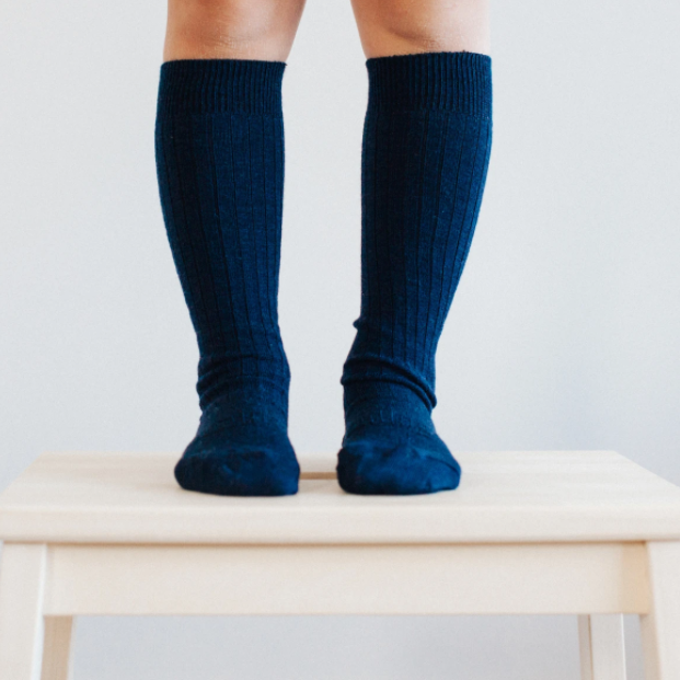 Navy merino knee high socks.