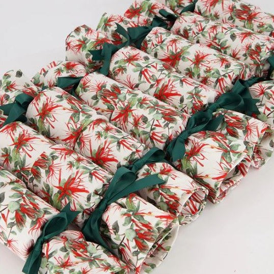 Reusable christmas crackers with a native mistletoe print.