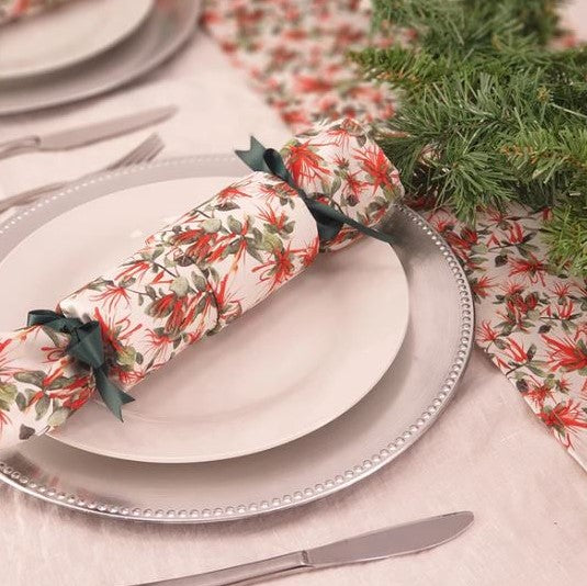 Reusable christmas crackers with a native mistletoe print.