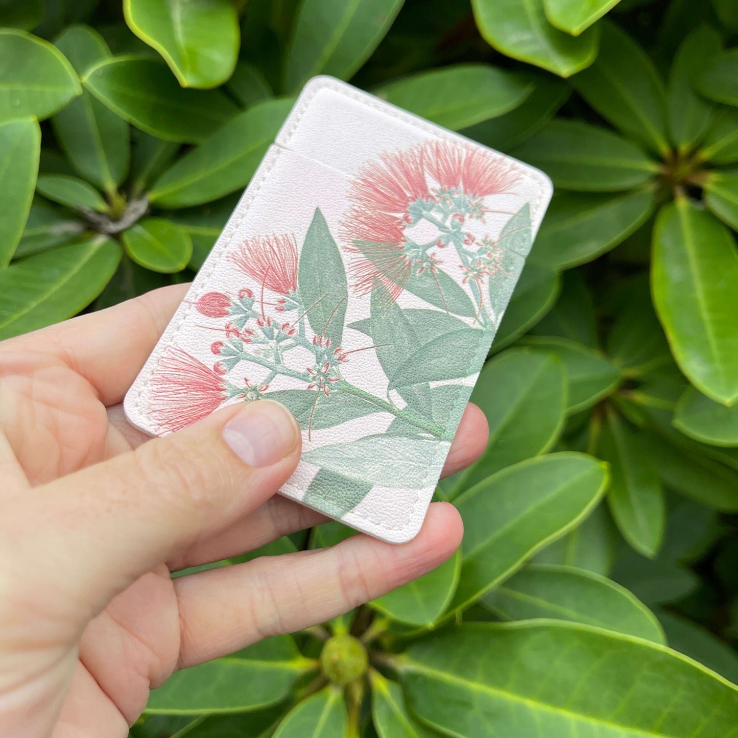 Pocket Mirror - Pohutukawa Flower print on a pale pink background.