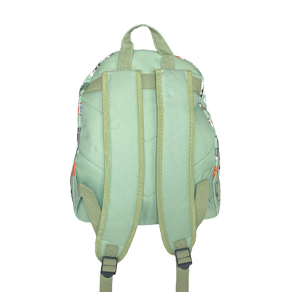 Back of mint green backpack showing straps.