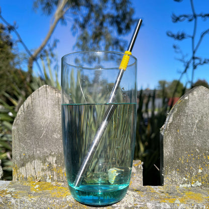 Blue water glass sitting on a fence filled with water and a stainless steel straw.