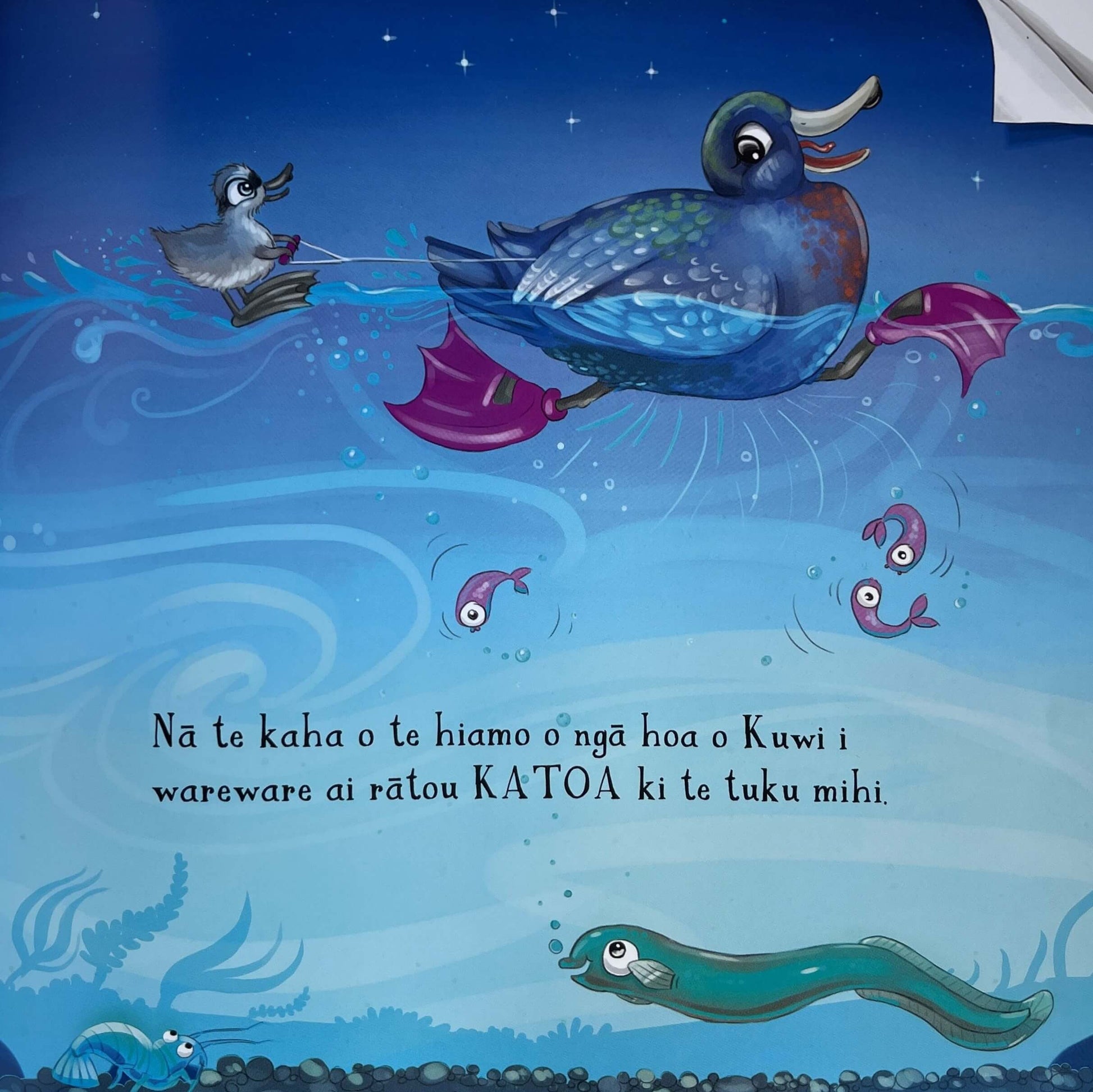 Page from Children's book Te Tou Piataata o Kuwi. The Te Reo Maori version of Kuwis Very Shiny Bum by Kat Merewether.