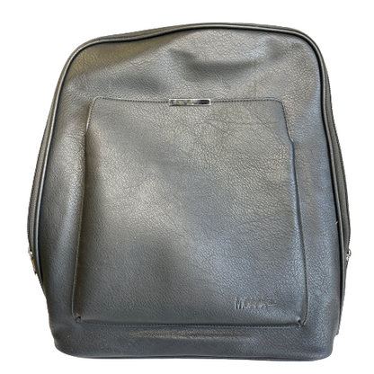 Black leather look backpack with front pocket.