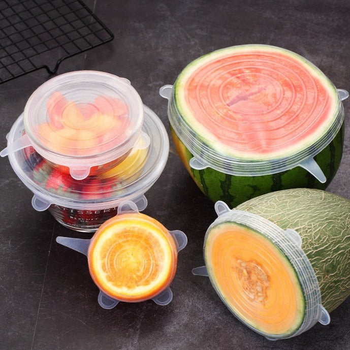 Fruit and containers covered with stretch silicone lids.