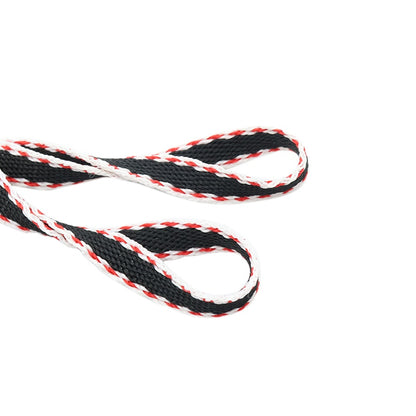 Black shoelaces with red and white edging.